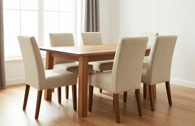 Zetelreiniging Antwerpen: schone stoffen eetkamerstoelen aan een houten tafel